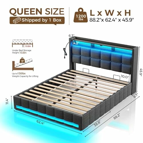 Queen size bed frame with LED lighting and storage dimensions.