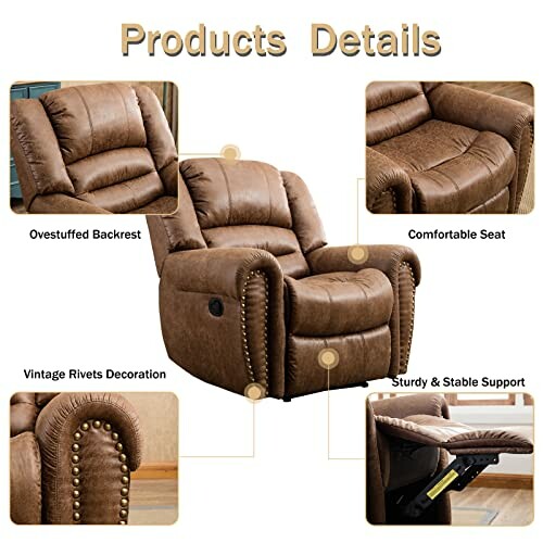 Recliner chair with features like overstuffed backrest, comfortable seat, vintage rivets decoration, and sturdy support.