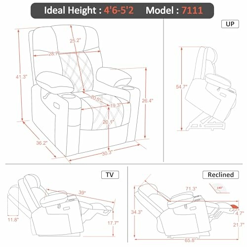 Recliner chair dimensions diagram with measurements for ideal height and model 7111.