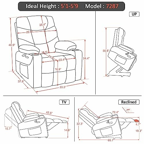 Dimensions and positions of a recliner chair with measurements.