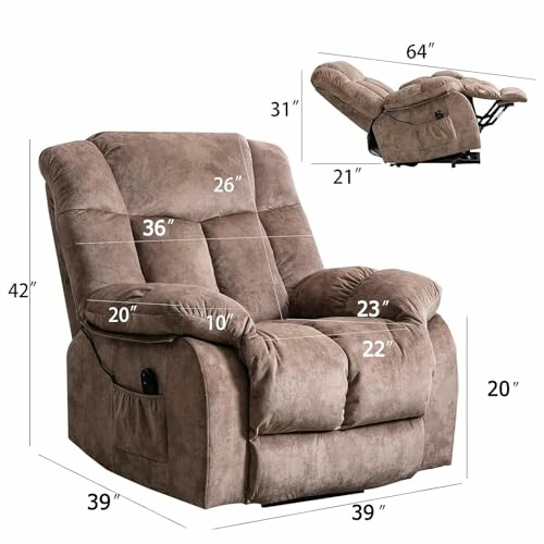 Brown recliner chair with dimensions and side view.