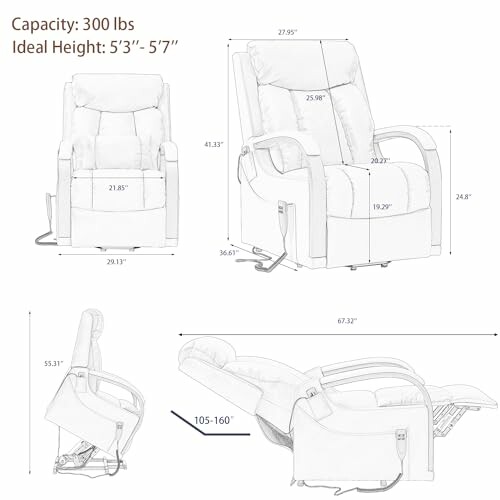 Illustration showing dimensions and reclining angles of a chair.