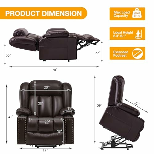 Recliner chair with dimensions and features including max load capacity.