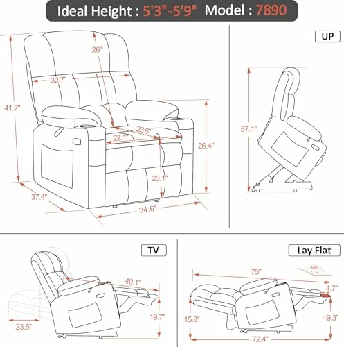 Illustration showing dimensions of a recliner chair model 7890 with ideal height 5'3 to 5'9.