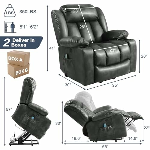 Recliner chair with dimensions and features.