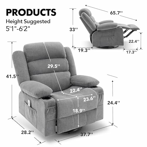 Grey recliner chair with dimensions and suggested height range.