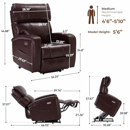 Dimensions of a brown recliner chair with recommended height.