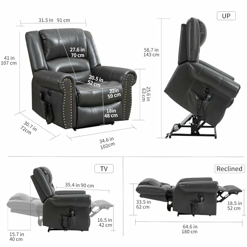 Recliner chair with dimensions and positions: upright, TV, reclined.