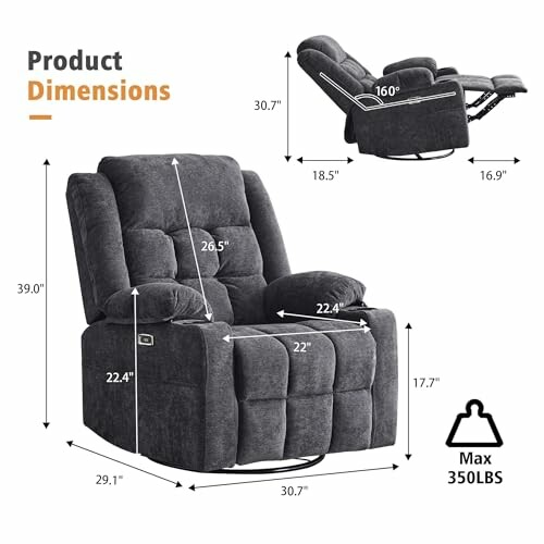 Recliner chair with dimensions and weight capacity.