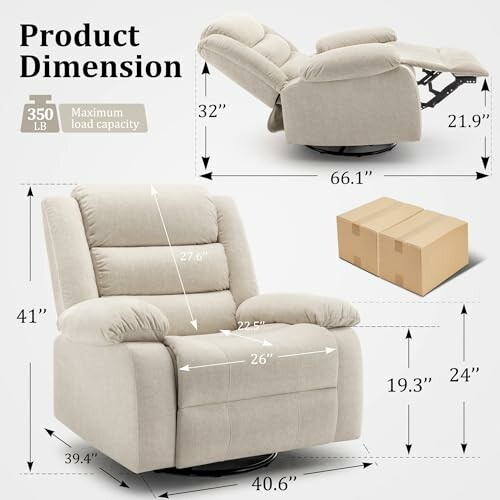 Recliner chair with dimensions and maximum load capacity.