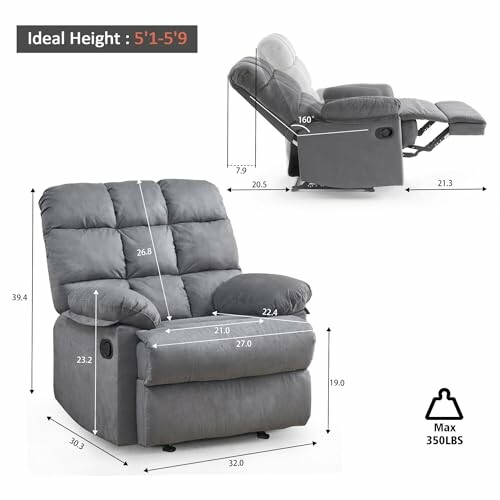 Dimensions and features of a grey recliner chair.