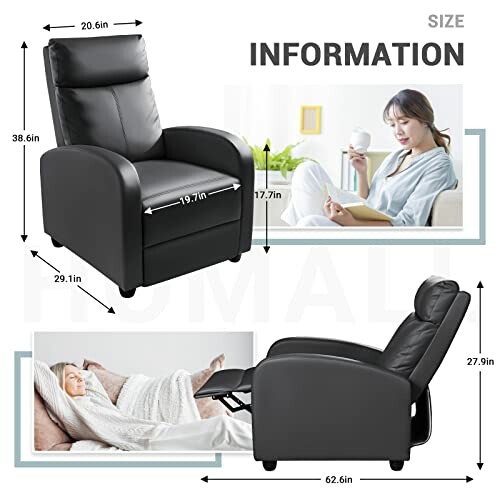 Recliner chair with dimensions and lifestyle images.