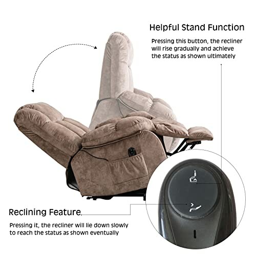 Recliner chair demonstrating helpful stand and reclining features with button details.