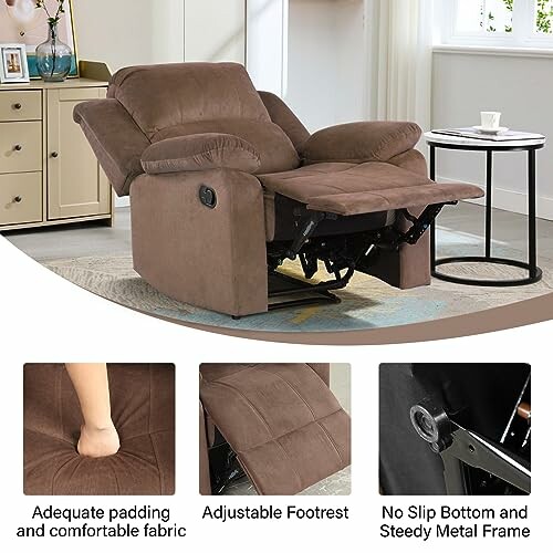 Recliner chair with adjustable footrest and comfortable fabric.