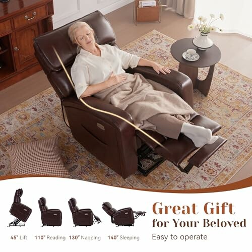 Elderly woman relaxing in a recliner chair with multiple reclining positions.