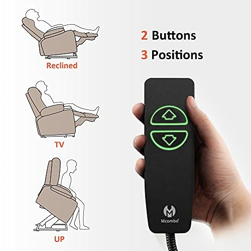 Recliner chair remote control with 2 buttons for 3 positions.