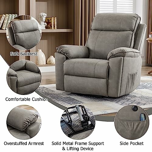 Comfortable recliner chair with features like soft backrest, overstuffed armrest, solid metal frame, and side pocket.