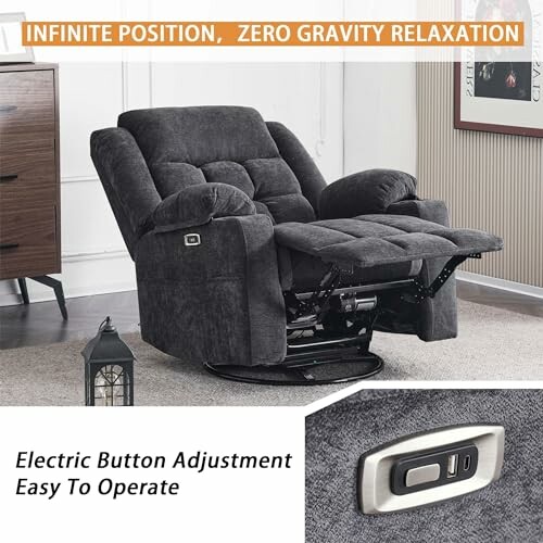 Recliner chair with zero gravity feature and electric button adjustment.