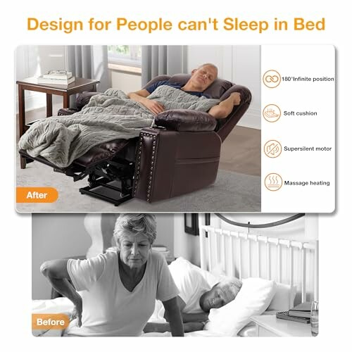 Elderly person using recliner for better sleep with before and after comparison.