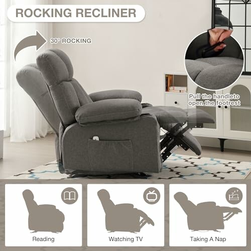 Gray rocking recliner chair with 30-degree rocking feature and footrest handle.