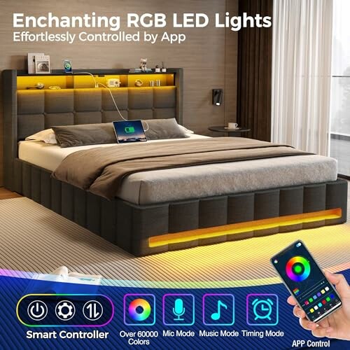 Bed with RGB LED lights and app control features.