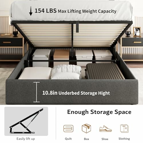 Bed with lift-up mattress showing underbed storage space with multiple items.