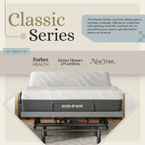 Sven & Son Classic Series adjustable bed with mattress, featured in media outlets.