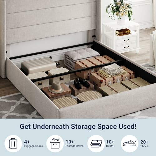 Underbed storage with luggage, boxes, quilts, and shoes.