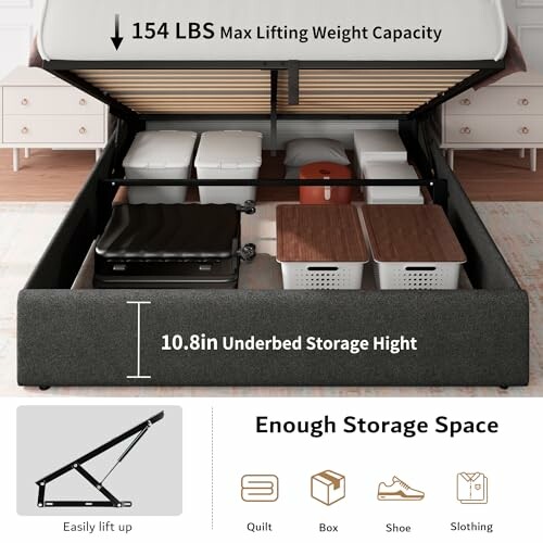 Underbed storage space with lifting mechanism and various items stored.