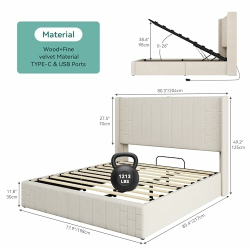 Upholstered bed frame with lift-up storage, USB ports, and weight capacity detail.